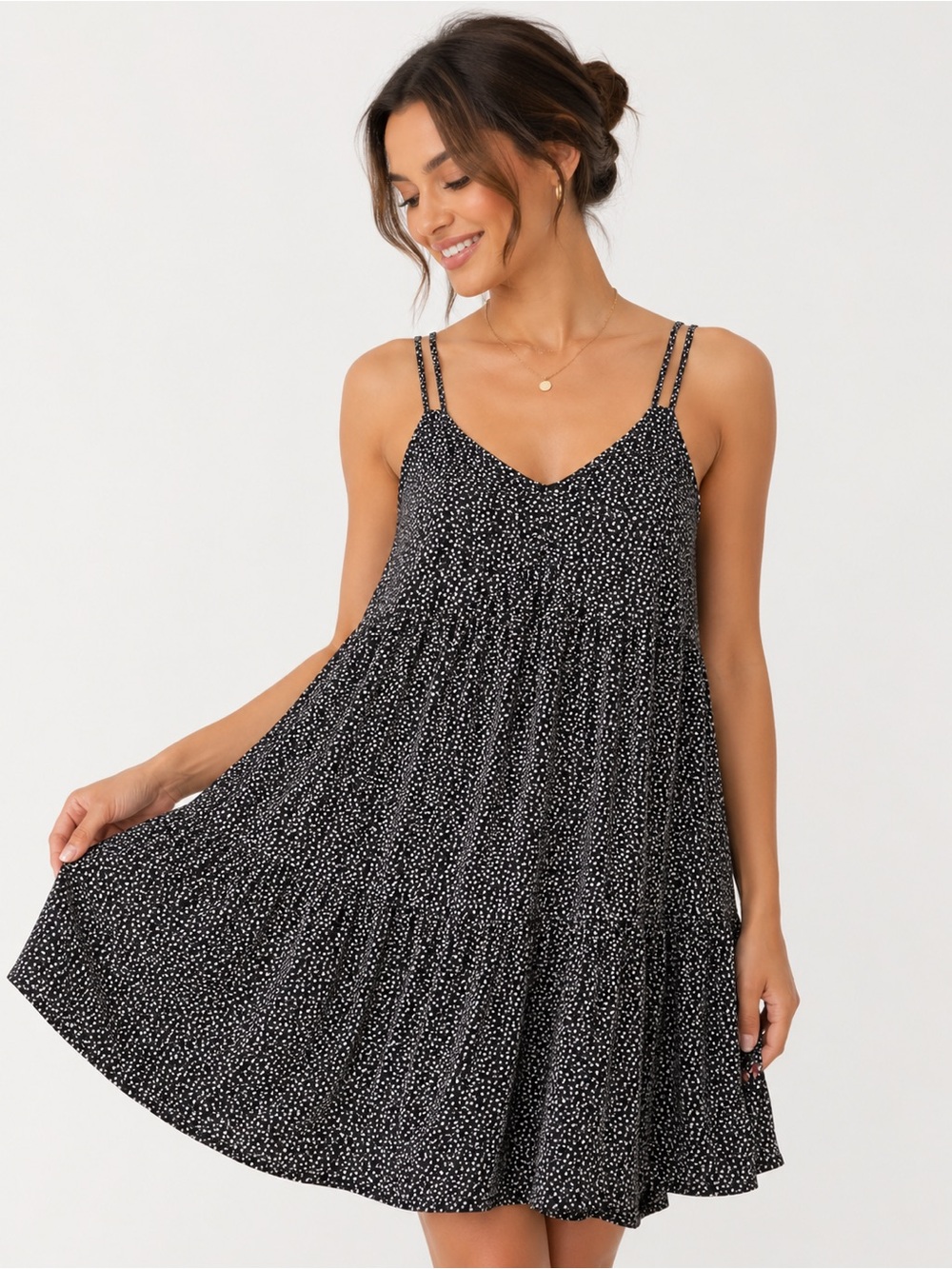 Mahina Black Floral Mini Dress Flowy Tiered Spaghetti Strap Boho Babydoll Small